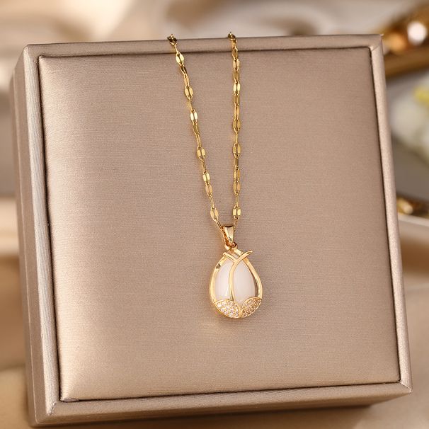 Japanese And Korean Style Cat Eye Stone Tulip Necklace, Light Luxury, Niche Design, Titanium Steel Temperament,_ipsvogv.com