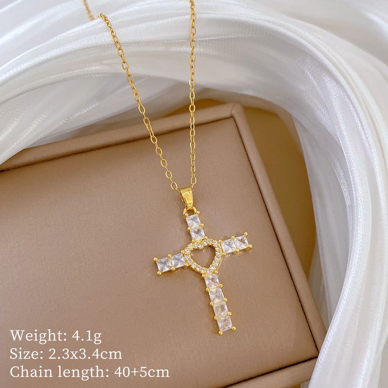 】 Love 【 Cross Light Luxury Charm Gorgeous Full Diamond Necklace Women's Versatile Clavicle Chain Titanium Steel 【 】_ipsvogv.com
