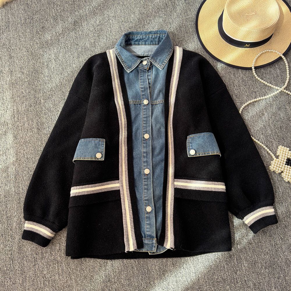 Women's Clothing Denim splicing two piece cardigan sweater jacket _ipsvogv.com