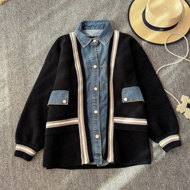 Women's Clothing Denim splicing two piece cardigan sweater jacket _ipsvogv.com