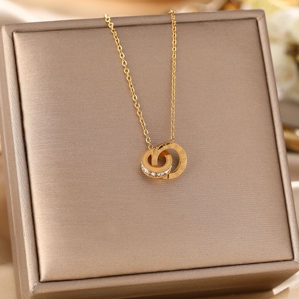 Internet Famous Titanium Steel Necklace, Women's Double Ring Diamond Studded Roman Numeral Pendant, Fashionable_ipsvogv.com