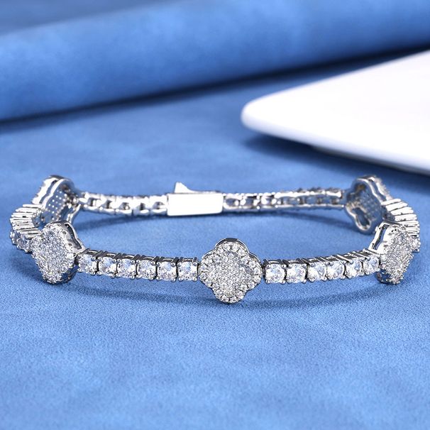 Hip Hop Spring Buckle Zircon Tennis Chain Four-Leaf Clover Men's Bracelet Jewelry High-End Accessories_ipsvogv.com