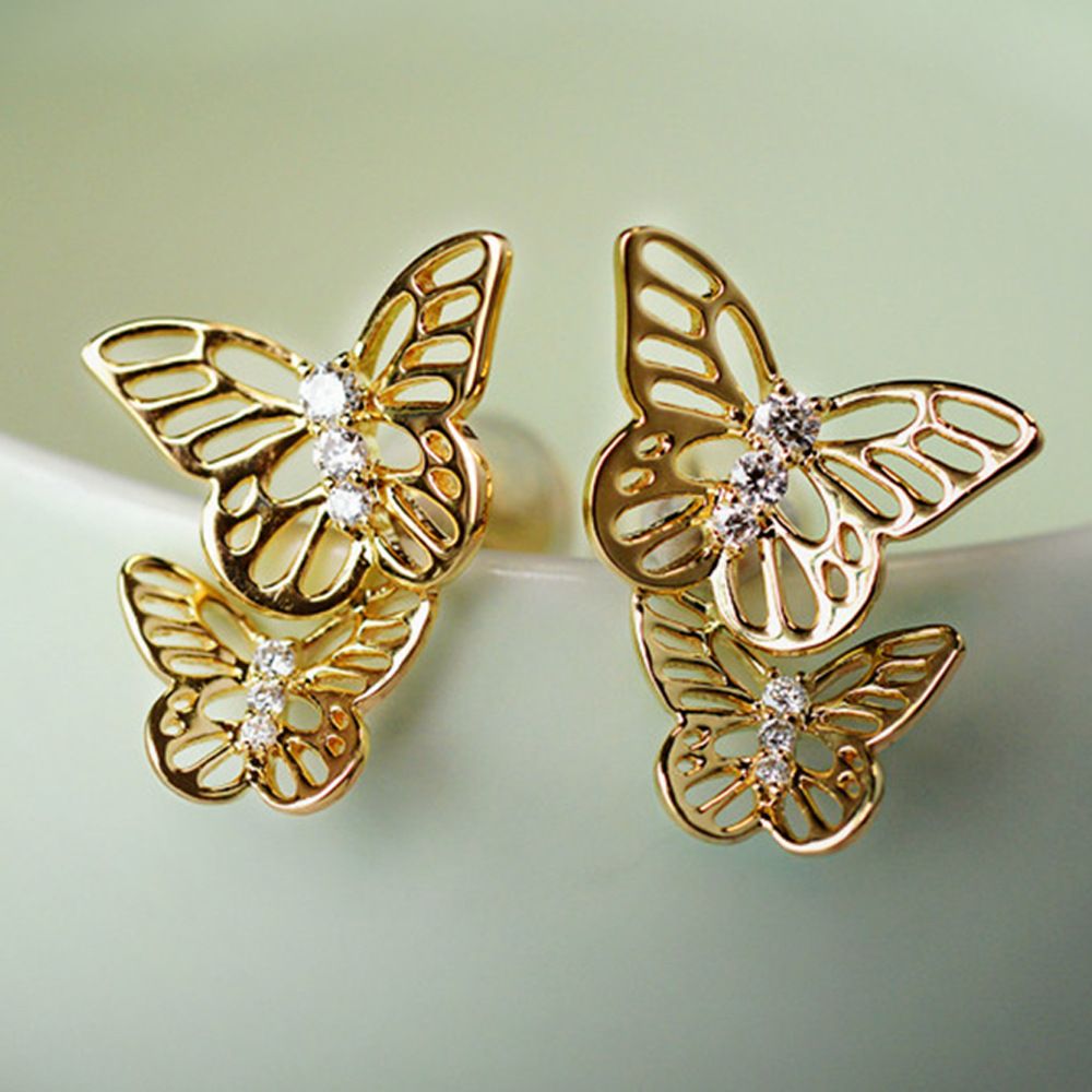 Cao Shi Fashion Youth Hollow Butterfly Earrings Electroplated Copper Inlaid Zircon Student Youth Girl Earrings_ipsvogv.com
