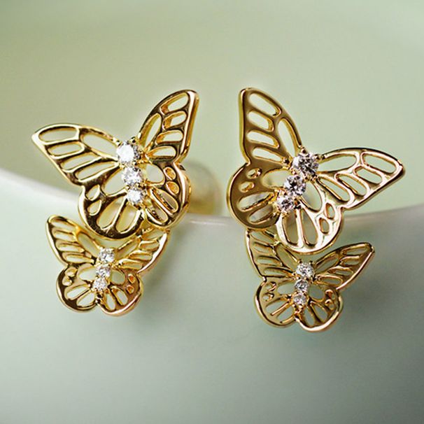 Cao Shi Fashion Youth Hollow Butterfly Earrings Electroplated Copper Inlaid Zircon Student Youth Girl Earrings_ipsvogv.com