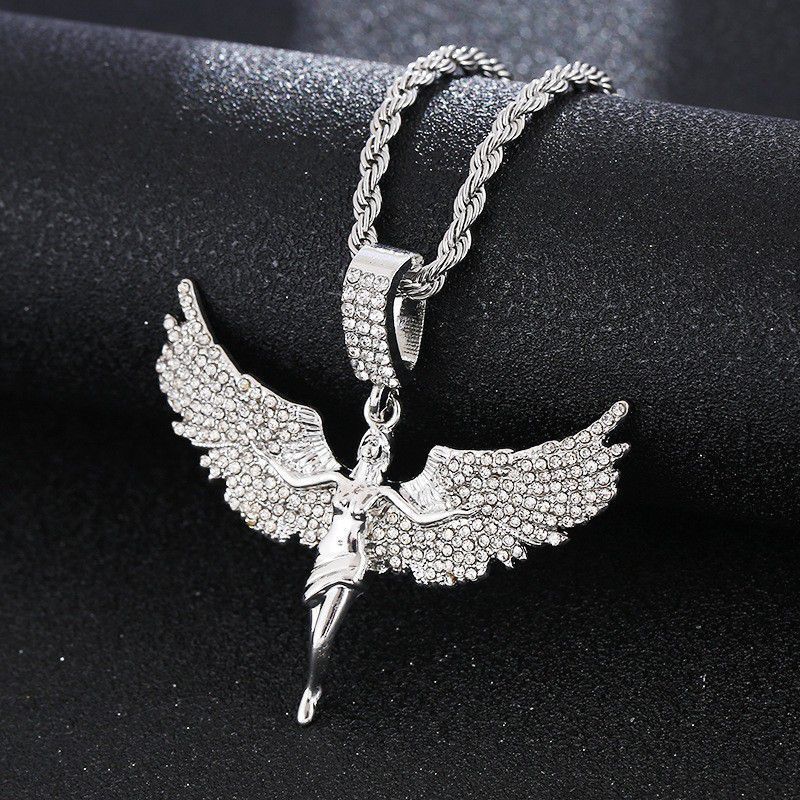Inlaid Diamond Winged Goddess Pendant Necklace For Men And Women Hip-Hop Single Row Twist Chain_ipsvogv.com