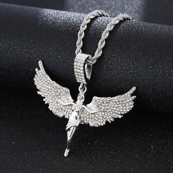 Inlaid Diamond Winged Goddess Pendant Necklace For Men And Women Hip-Hop Single Row Twist Chain_ipsvogv.com