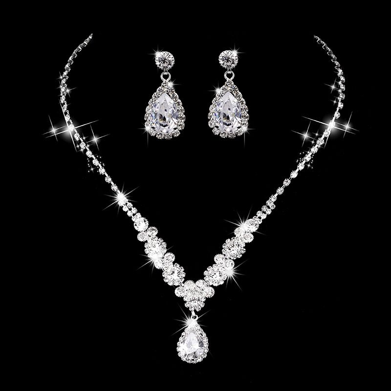 Square Double Layer Necklace Tassel Earrings Light Luxury Wedding Two-Piece Set Multicolor_ipsvogv.com