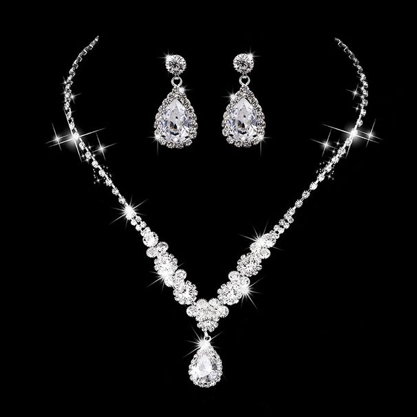 Square Double Layer Necklace Tassel Earrings Light Luxury Wedding Two-Piece Set Multicolor_ipsvogv.com