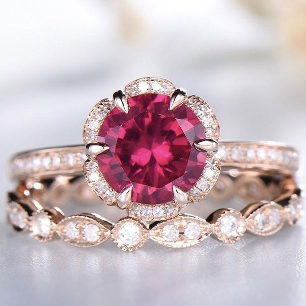 Product 14k Rose Gold Pigeon Blood Red Set Ring Engagement Pair Jewelry_ipsvogv.com