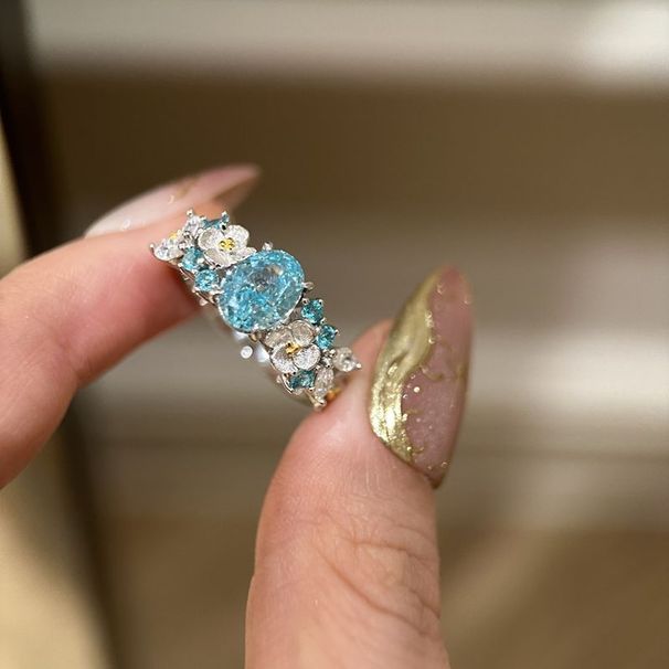 Super Sparkling Blue Zircon Hydrangea Women, Light Luxury, Advanced Design, Versatile For Daily Commuting, Finger Ring_ipsvogv.com