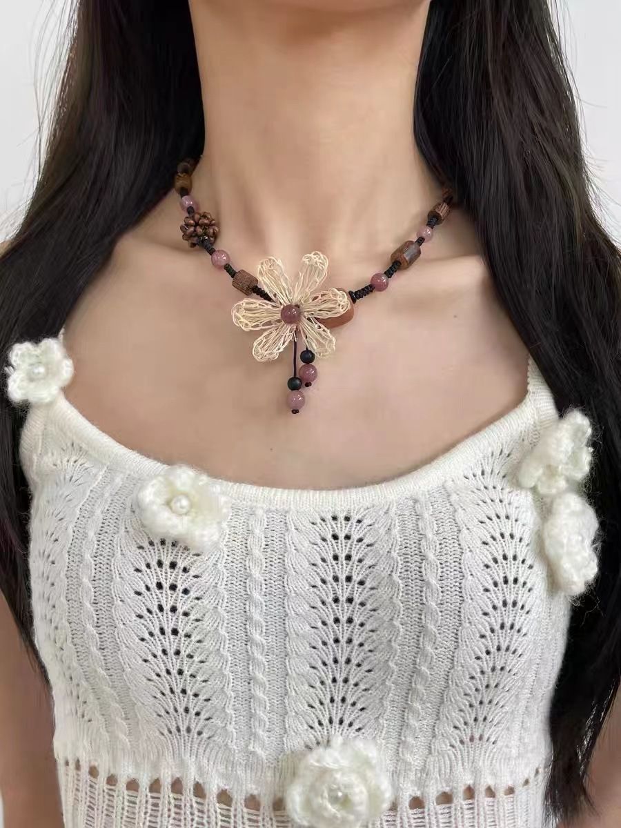 Bohemian Flower Wooden Braided Necklace Female New Chinese Ethnic Style Choker Clavicle Chain Retro Accessories_ipsvogv.com