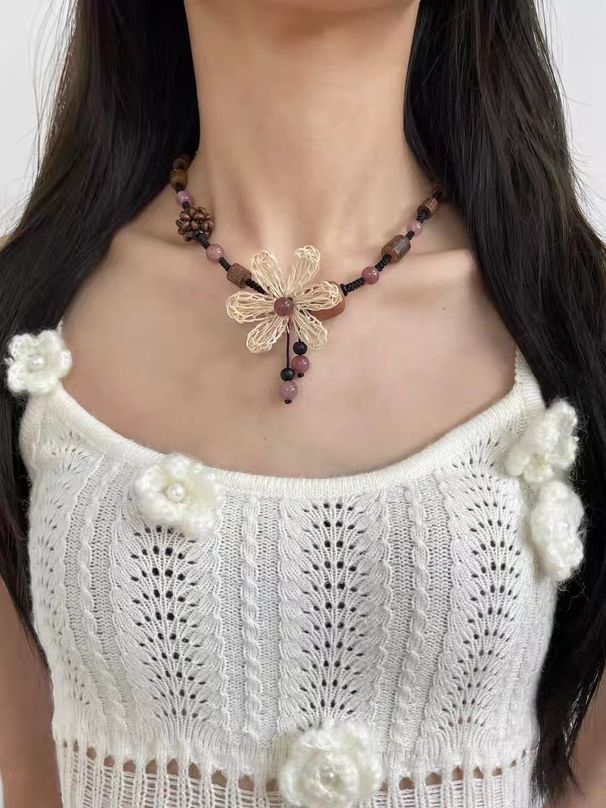 Bohemian Flower Wooden Braided Necklace Female New Chinese Ethnic Style Choker Clavicle Chain Retro Accessories_ipsvogv.com
