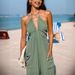 Women's Clothing deep V halterneck sleeveless pleated pocket back tie wide leg cuff long jumpsuit_ipsvogv.com