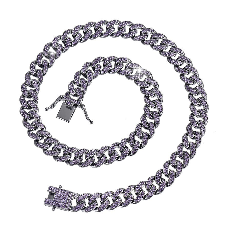 Men’s Jewelry Set Fashion Personality New Alloy Retro Full Diamond Purple Bracelet Niche Light Luxury Cool Shiny Hip Hop Cuban Necklace_ipsvogv.com