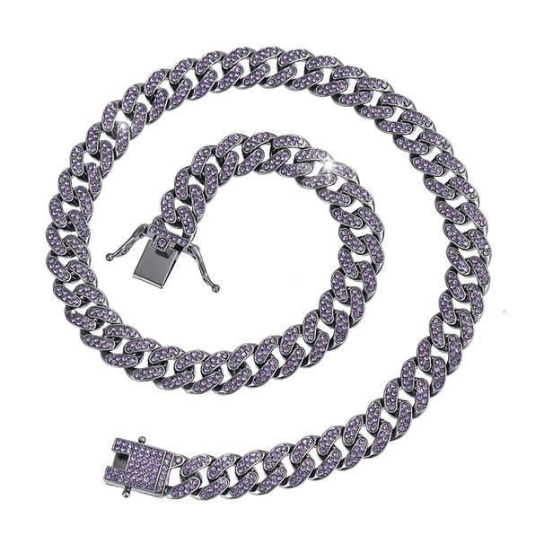 Men’s Jewelry Set Fashion Personality New Alloy Retro Full Diamond Purple Bracelet Niche Light Luxury Cool Shiny Hip Hop Cuban Necklace_ipsvogv.com