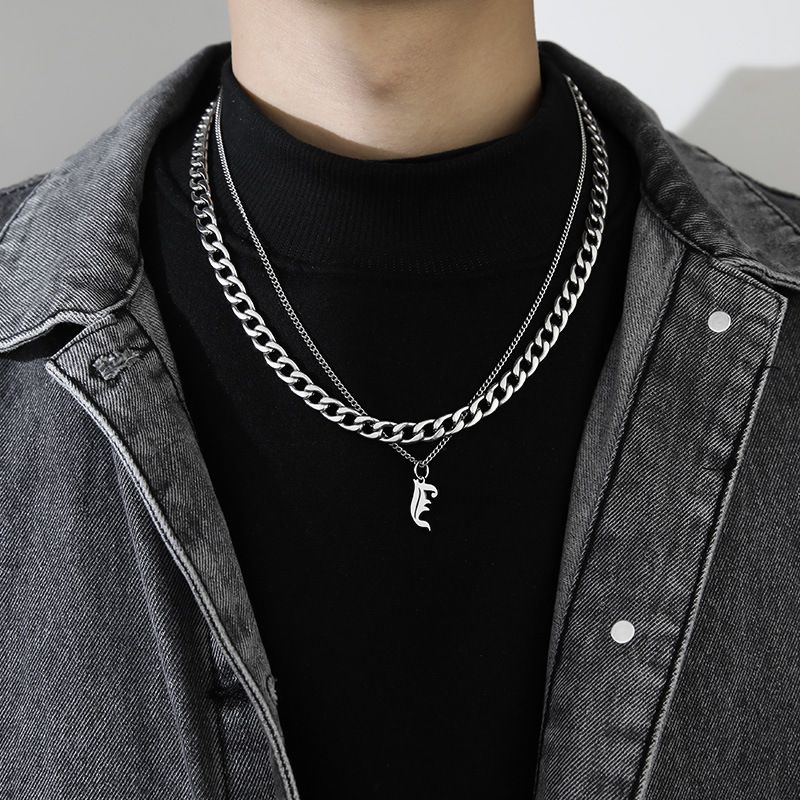 Titanium steel personality Cuban double layer 26 letter necklace men and women trend hip hop niche sweater chain pendant jewelry_ipsvogv.com