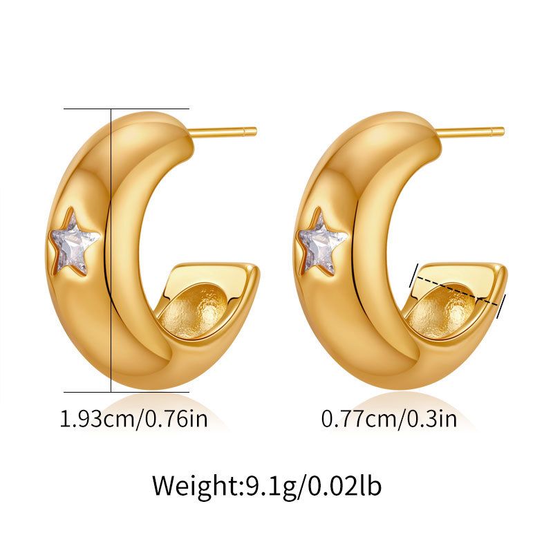 French C Shaped Earrings For Women, Five Pointed Star Design, Simple Inlaid Zircon, Fashionable And Versatile Earrings_ipsvogv.com