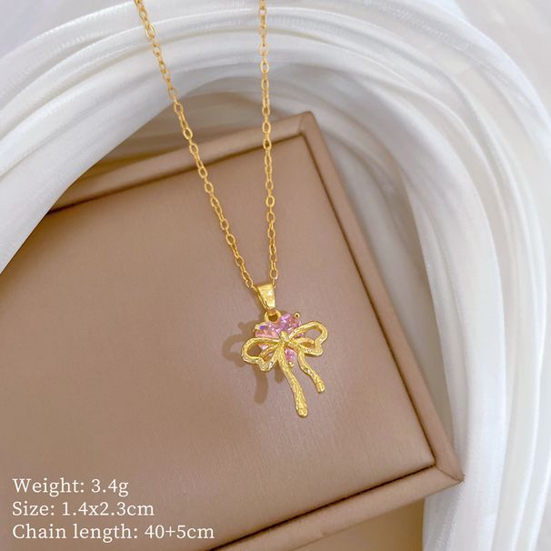 】 Pink 【 Bow Light Luxury Charm Gorgeous Full Diamond Necklace Women's Versatile Clavicle Chain Titanium Steel 【 】_ipsvogv.com
