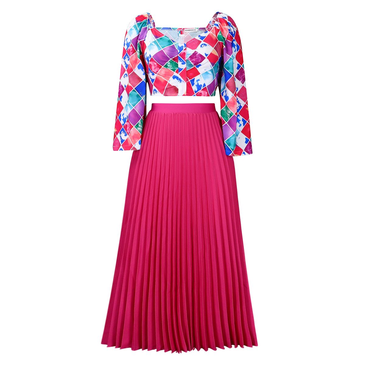 Women's Clothing women's summer new fashion V neck printed top pleated long skirt two piece suit_ipsvogv.com