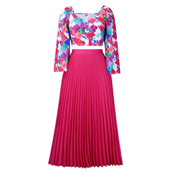 Women's Clothing women's summer new fashion V neck printed top pleated long skirt two piece suit_ipsvogv.com