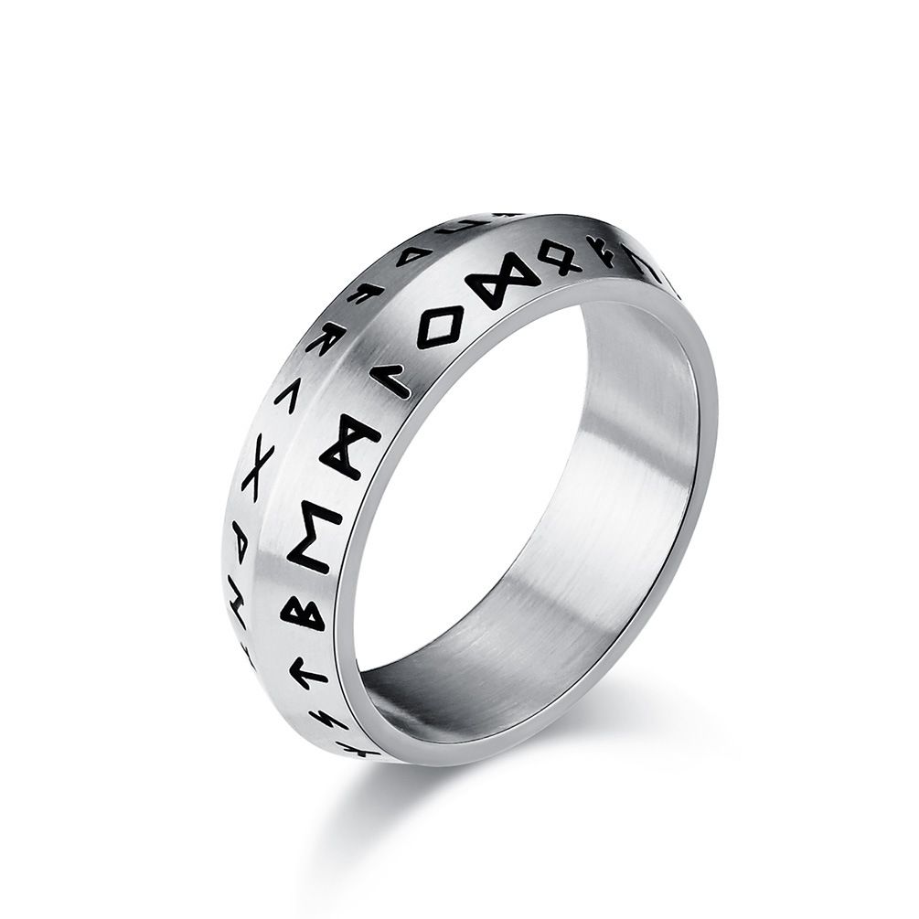 Nordic style double bevel Viking text titanium steel ring ring retro old personality men's literary hand jewelry_ipsvogv.com