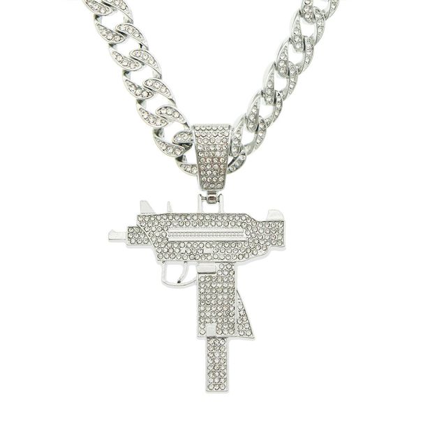 Exaggerated and cool personality, full diamond gun necklace, trendy man street Cuban chain, punk accessory pendant_ipsvogv.com