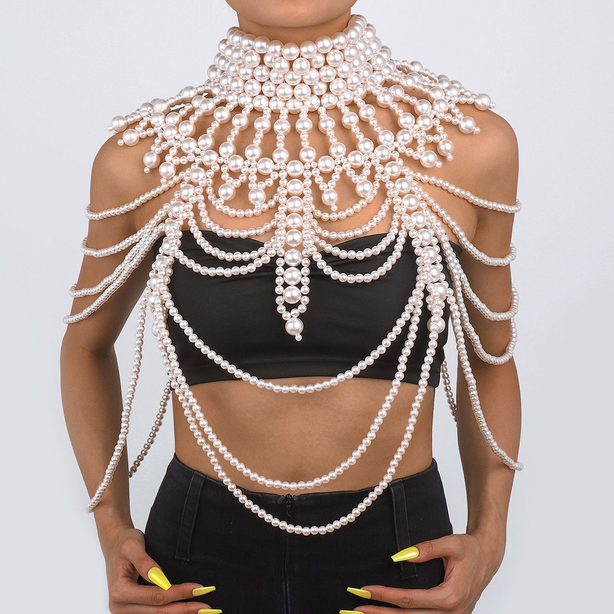 C0419 Exaggerated Heavy Industry Pearl Shawl with Layered Tribal Style Hollow Weaving Sexy Body Chain_ipsvogv.com
