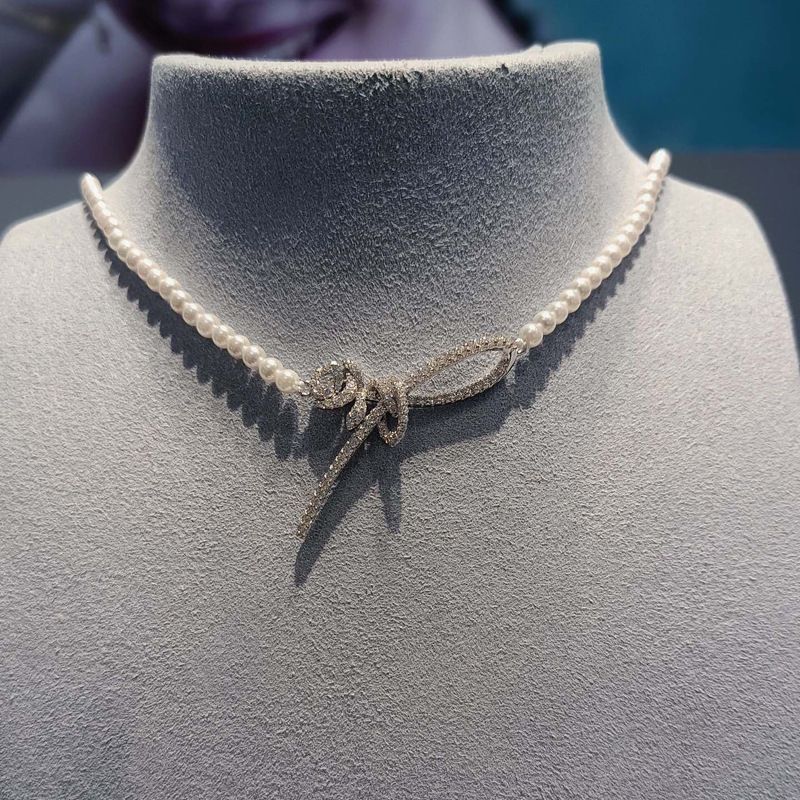 Hejia Ribbon Rose Inlaid Pearl Necklace For Women, Korean Japanese Style, Elegant And Luxurious Full Diamond Sterling_ipsvogv.com