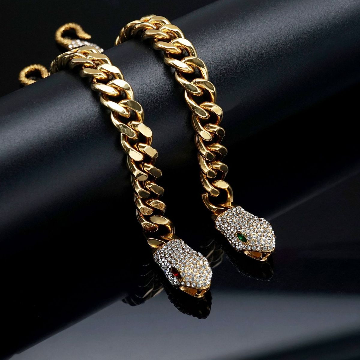 Hip Hop New Style Red And Green Eye Snake Tail Full Diamond Stainless Steel Cuban Chain Jewelry High-end Bracelet_ipsvogv.com
