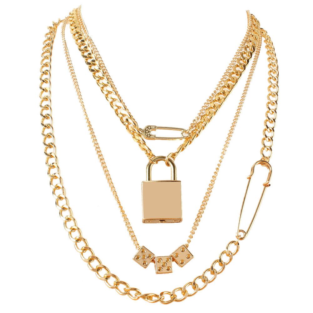 Jewelry Gold Pin Necklace Alloy Dice Lock Pendant Multi Layer Necklace_ipsvogv.com