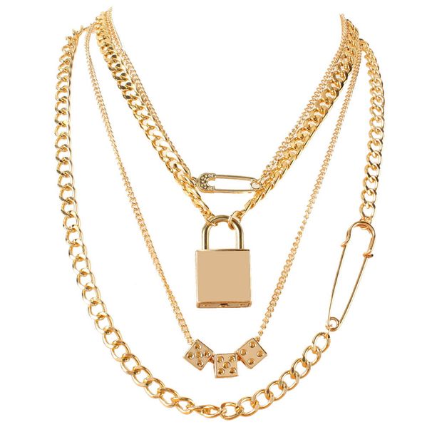 Jewelry Gold Pin Necklace Alloy Dice Lock Pendant Multi Layer Necklace_ipsvogv.com