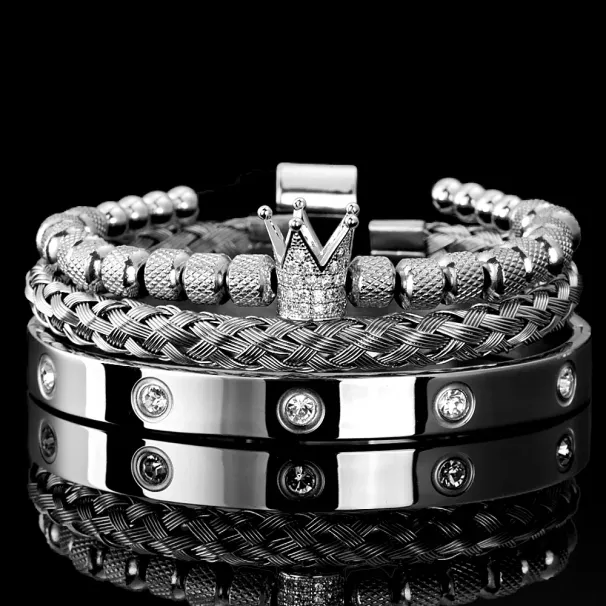 3pcs/set Micro Pave CZ Crown Roman Royal Charm Men Bracelets Stainless Steel Crystals Bangles Couple Handmade Jewelry_ipsvogv.com