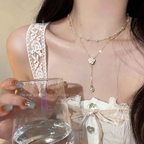 Camellia Double Layered Pearl For Women 2024 New Niche High-end Collarbone Temperament Necklace Sweater Chain_ipsvogv.com