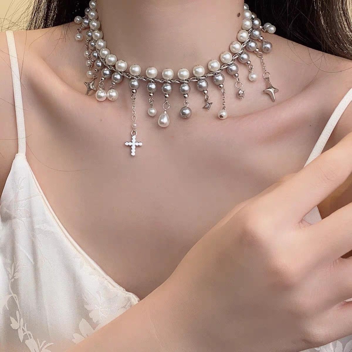 Sweet Cool Style Cross Double Layer Pearl Necklace Four Star Heavy Industry Exquisite High End Tassel Collarbone Chain_ipsvogv.com
