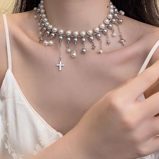 Sweet Cool Style Cross Double Layer Pearl Necklace Four Star Heavy Industry Exquisite High End Tassel Collarbone Chain_ipsvogv.com