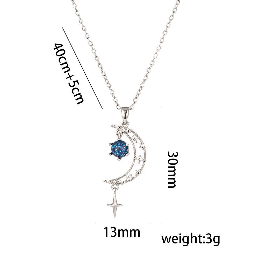 Necklace Women's New Blue Small Star Moon Niche Zircon Necklace Light Luxury High-end Design Sense Collarbone Neck Chain_ipsvogv.com