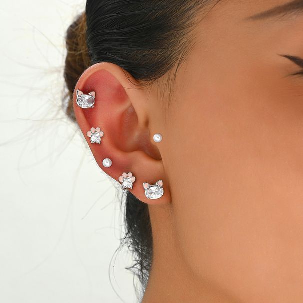 Japanese and Korean women's cute zircon inlaid earring set, light luxury, super sparkling, cat niche design, earrings,_ipsvogv.com