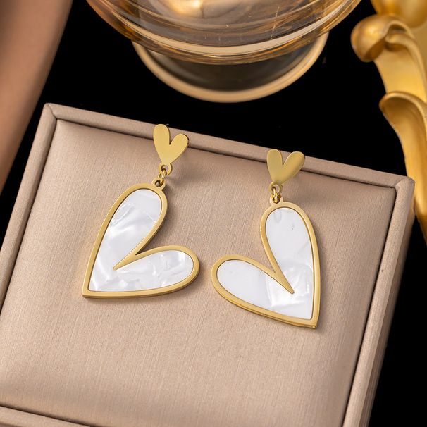 Exaggerated Double Heart-shaped With Geometric Tassels, Asymmetrical Titanium Steel Earrings, Non Fading Shell Earrings_ipsvogv.com