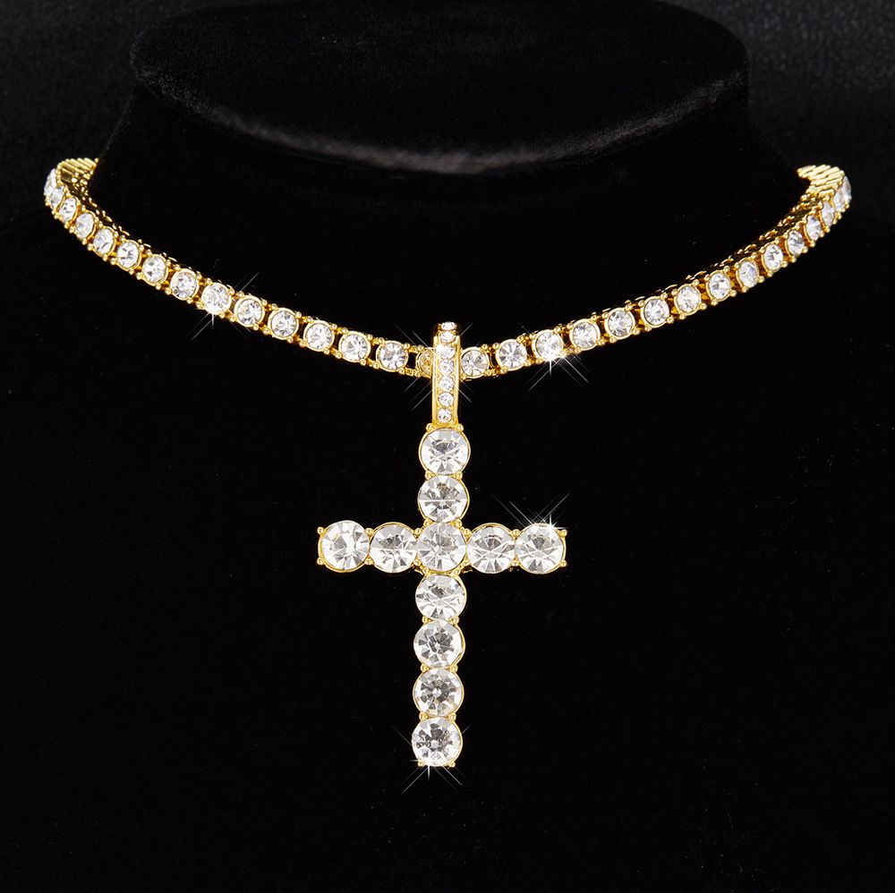 Hip Hop Cross Pendant Alloy Rhinestone Trendy Men's Necklace Personality Simple Jewelry_ipsvogv.com