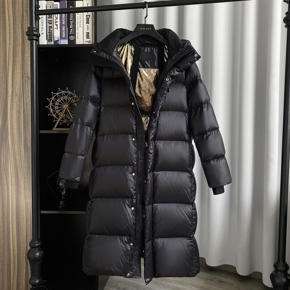 Women's Clothing Winter New Black Gold New winter coats Mid Length winter coats Jacket Women's Temperament Hooded Windproof Over Knee_ipsvogv.com