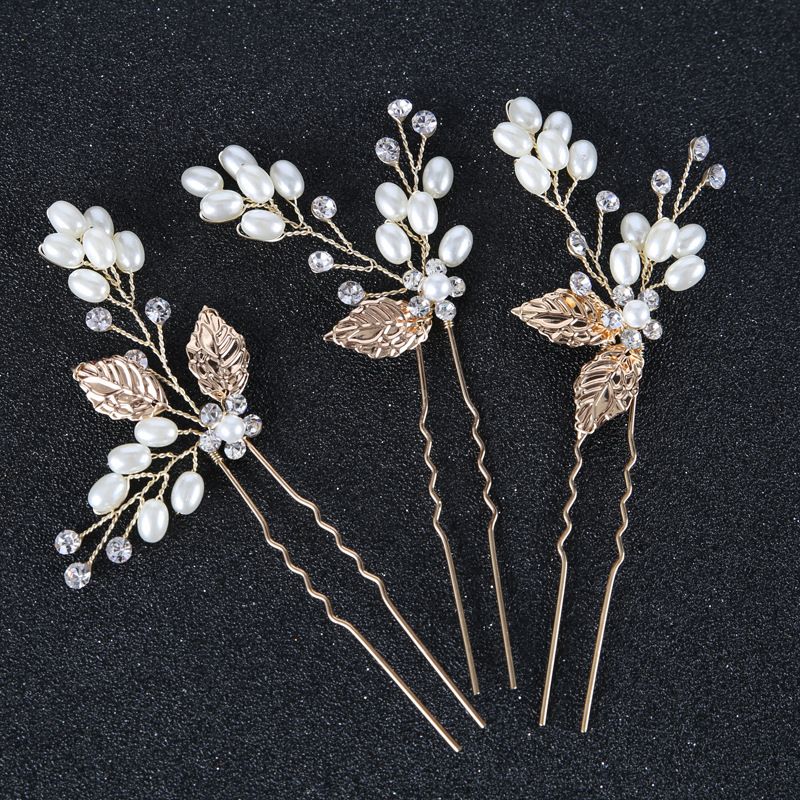 Pearl Leaf Gold Hairpin Headband Set Bridal Headdress Hair Accessories_ipsvogv.com
