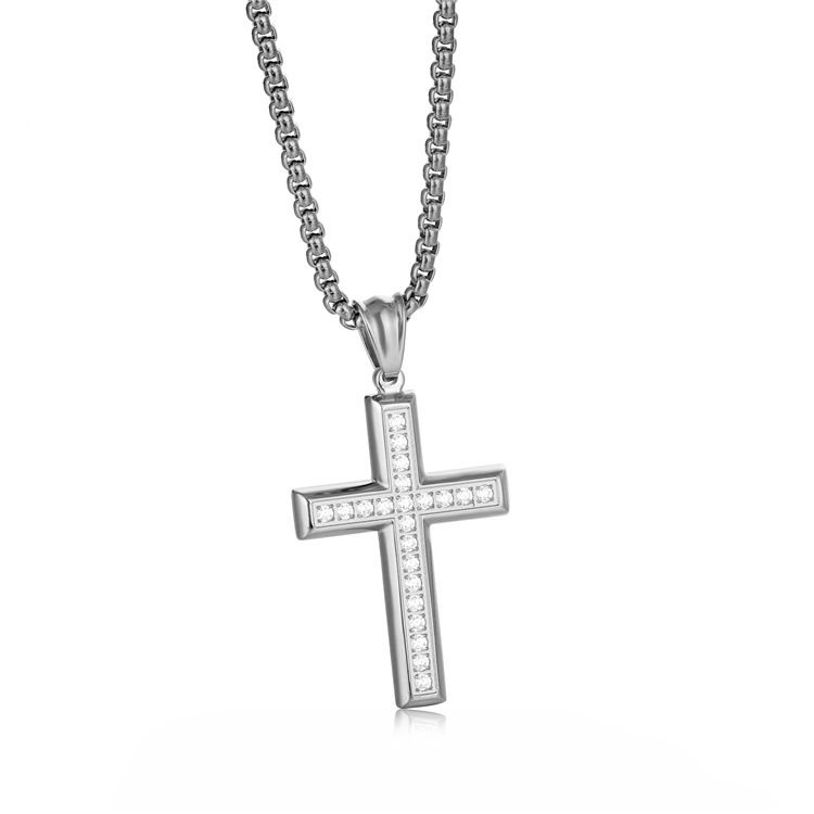 Men's Jewelry Fashionable Titanium Steel Jewelry, Popular Light Luxury Style Full Diamond Cross Sweater Chain Steel Necklace_ipsvogv.com
