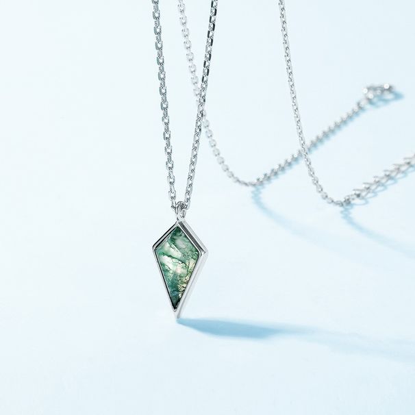 Natural geometric green moss stone necklace S925 silver package inlaid water grass agate clavicle chain versatile_ipsvogv.com