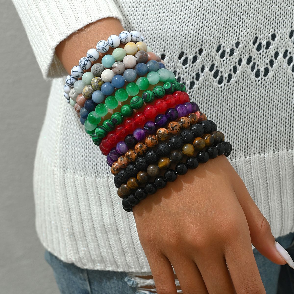 Geometric minimalist natural stone bead set, niche multiple colorful high-end design bracelet for both men and women_ipsvogv.com