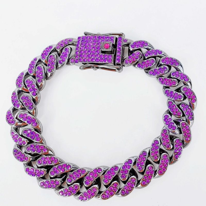 Unisex New Full Diamond Cuban Chain Grape Purple Diamond Splicing Necklace Hip Hop Trendy Cool Accessories_ipsvogv.com