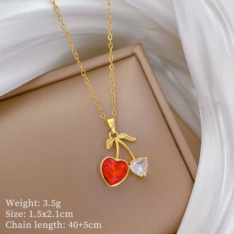 【 】 Fruit Love Cherry Light Luxury Charm Gorgeous Full Diamond Necklace Women's Versatile Clavicle Chain Titanium Steel_ipsvogv.com