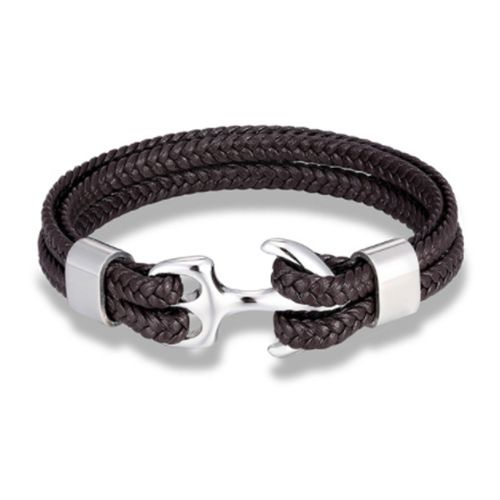 Men's Titanium Black Braided Anchor Stainless Steel Genuine Bracelet Leather Cord_ipsvogv.com