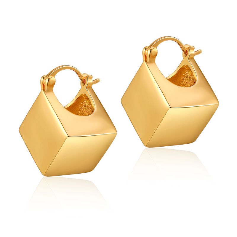Heavy industry series high end personality earrings copper plated with K real gold geometric square three dimensional slim earrings_ipsvogv.com