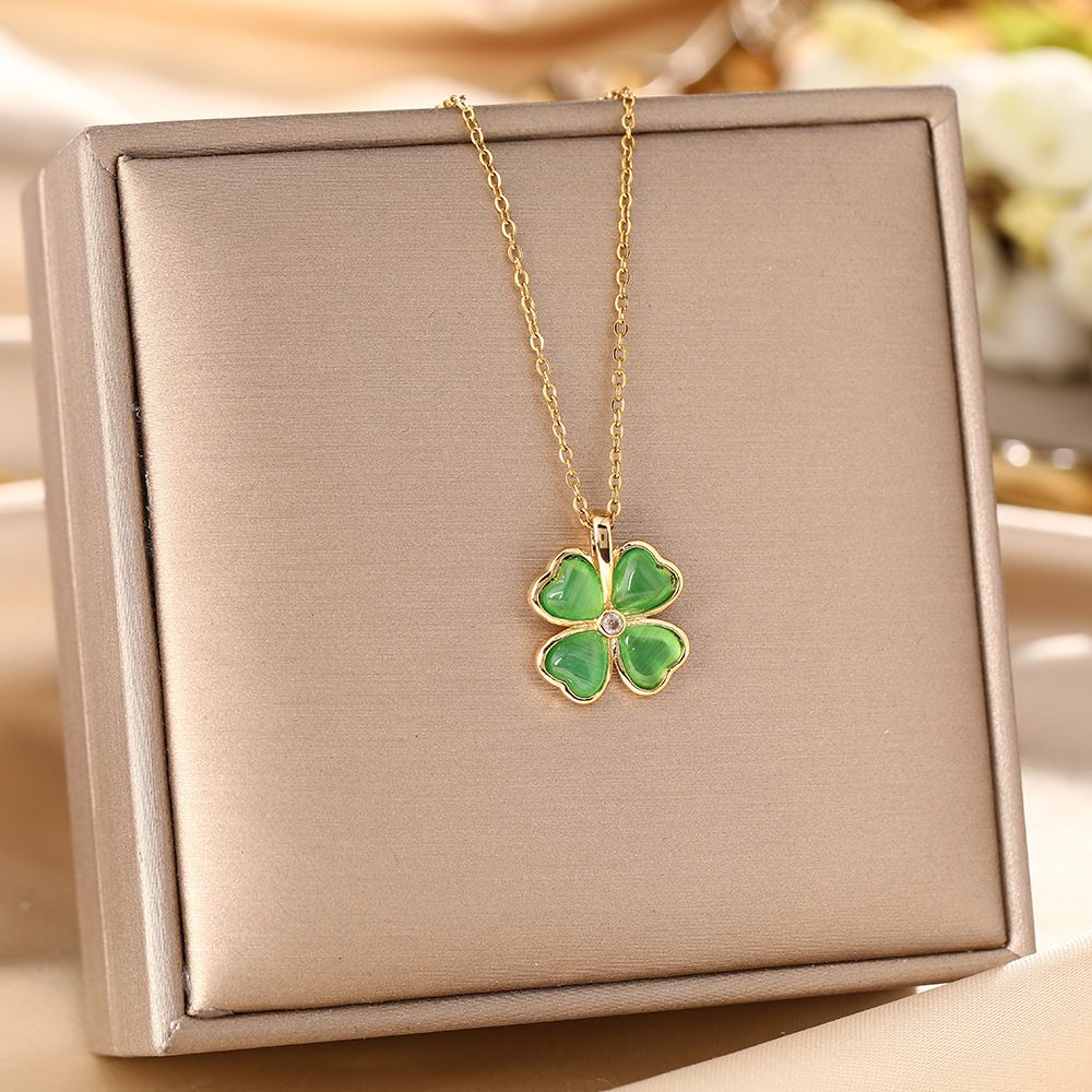 Korean Version Of Luxury Titanium Steel Necklace, Women's Cat's Eye Stone, Four Leaf Clover, Light Luxury, Niche Design,_ipsvogv.com