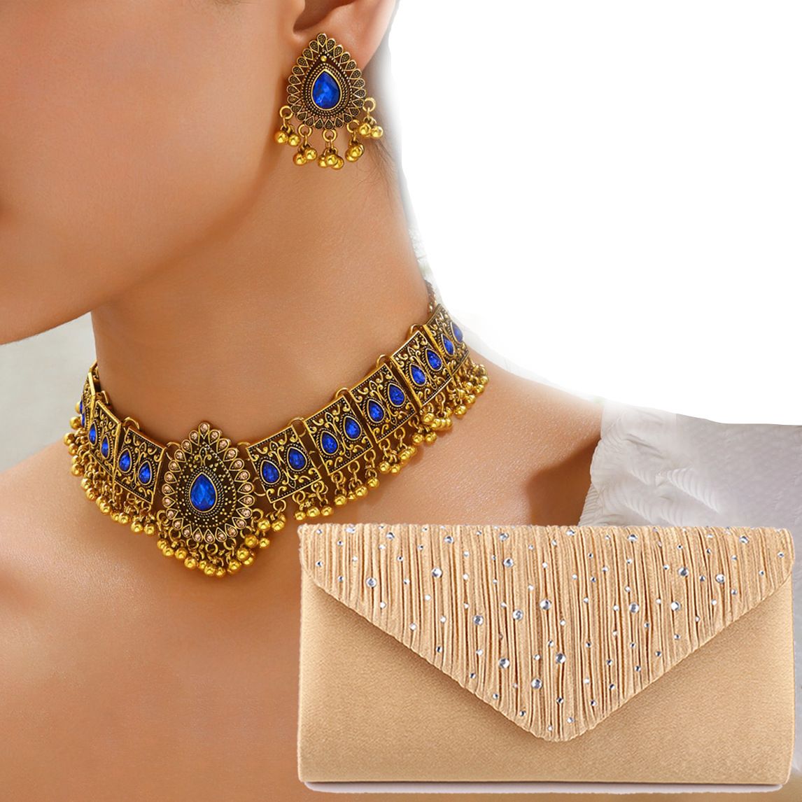 Retro Middle Eastern style fashion diamond water drop temperament exaggerated ladies necklace female earrings evening clutch three piece set_ipsvogv.com